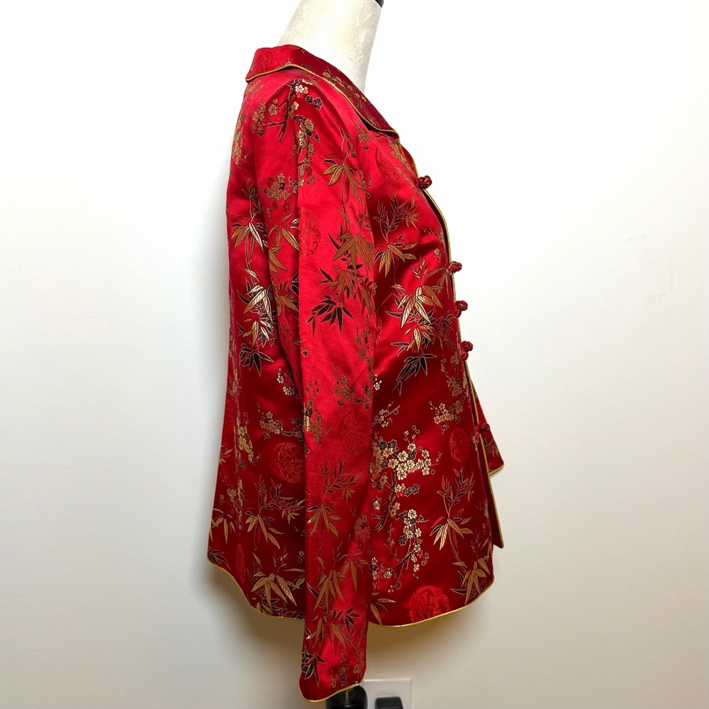 Asian Silk Red Gold Floral Women’s Jacket Blazer Size XXL Frog Button Closure - Picture 2 of 16